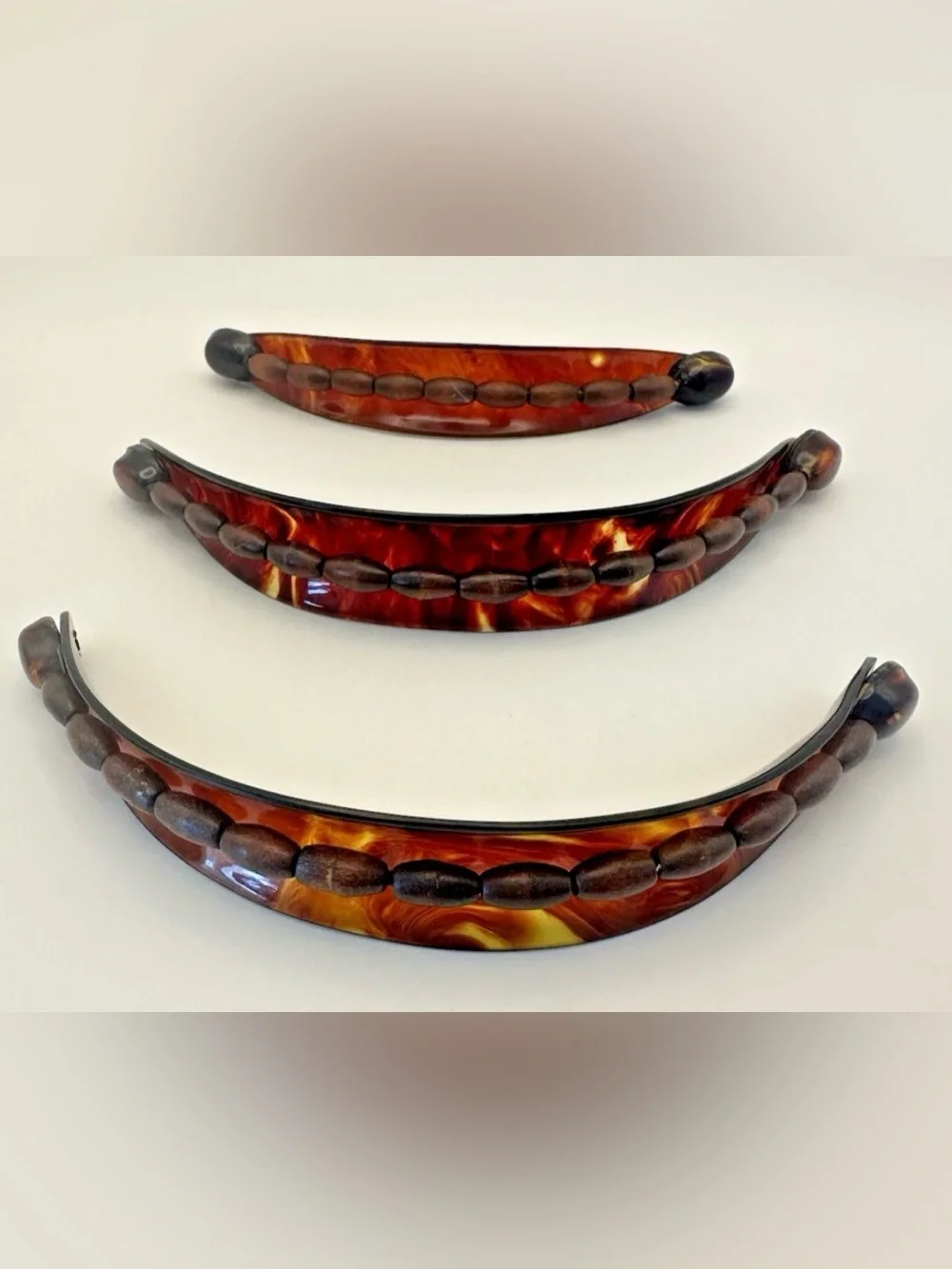 Tortoiseshell Curved Hair Clips Trio German Barrettes Bead Antique Celluloid Vtg